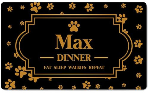 Ferocity Personalisierte Napfunterlage mit Namen | Fressnapf Matte für Hunde und Katzen | Größe 45 x 75 cm | 4 mm Gummierte Unterlage & Schuhmatte | Haustier Motiv | Farbe Golden Paws [140]