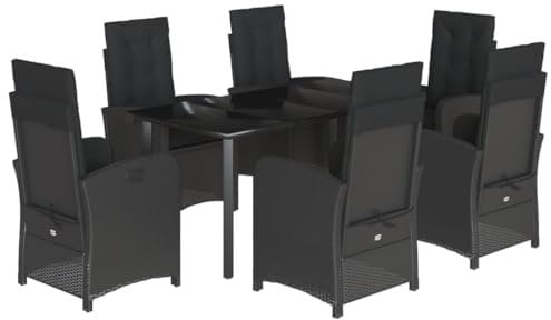 vidaXL Garten Essgruppe 7-TLG., Gartenmöbel Set Tisch mit 6 Stühle, Gartengarnitur mit Kissen, Sitzgruppe Essgarnitur Terrasse, Schwarz Poly Rattan