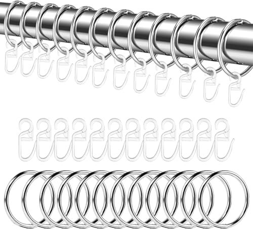 24-Stück 30mm Metall Vorhang Ringe mit 24-Kunststoff Haken und stille Vorhang Ringe zum Aufhängen von Vorhängen, Duschtüren, Fenstern und Gardinenstangen (Silber)