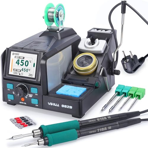 YIHUA 982D Stazione Saldante di Precisione con saldatore a stagno Punte C210 e C245, Filo di Saldatura Senza Piombo, Impugnatura Compatibile con C210 & C245, Calibrazione Automatica della Temperatura