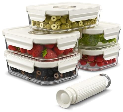 Paquet de 5 contenants de stockage d'aliments sous vide en verre de 1040ml avec suivi de date et pompe - Contenants hermétiques avec couvercles - Contenants de stockage d'aliments en verre