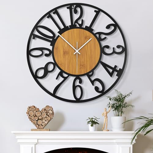 Mee 2ou Große Wanduhr Tickgeräusche, 50CM/20 Zoll Lautlos, Geräuschlose, Batteriebetrieben, Modern, Übergroße, Retro Vintage Übergröße Wanduhr für Wohnzimmer, Schlafzimmer Und Küche