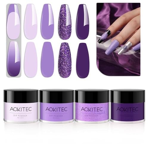 Aokitec Dip Powder, 4 Farben Lilatöne für French Nail Art, Nagelstudio, Dip Nagel Starter, Geruchsfrei & Langanhaltend, Nägel Selber Machen, Geschenke für Frauen