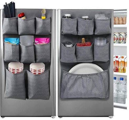 Mini Fridge Organizer Storage 65 x 12.6, Mini Fridge Caddy Hanging Organizer with 15 Extra Large Pockets for Dorm, Pantry, Plate, Silverware, Spice, Cutlery, Napkins, Other Daily Stuff (Grey)