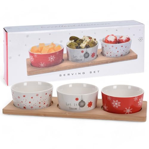 MIJOMA Servierset Weihnachten X-MAS – Hochwertiges Holzbrett mit stilvollen Porzellanschalen – Perfekt für Tapas, Oliven, Käse, Soßen, Dips – Weihnachtliches Motiv – 4-teilig