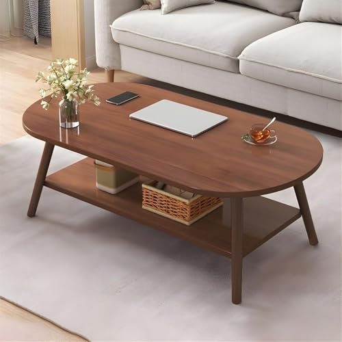 Moderner ovaler Couchtisch mit 2 Ebenen und offenem Regal zur Aufbewahrung, Braun, 100 cm