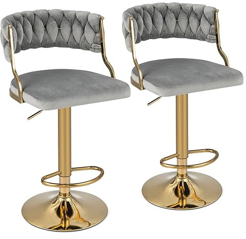 COSTWAY Tabourets de Bar Pivotants Lot de 2, Chaise de Bar Velours avec Repose-Pieds, Hauteur Assise Réglable 60-82 cm, Cadre en Métal Doré, Chaise Haute pour Îlots de Cuisine, Bistro (Gris)