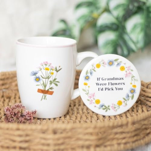 Charming Ceramic Mug & Coaster Set for Grandma – If Grandmas Were Flowers, I’d Pick You – Spring Floral Design, 350ml Capacity, Dishwasher & Microwave Safe, Ideal for Tea, Coffee, and More