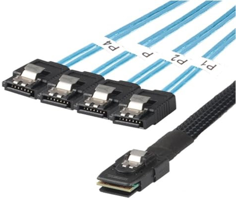 JMT Câble serveur Mini SAS 8087 mâle femelle haut débit Mini SAS 8087 vers Slim SAS 8654 4I/4X SATA 7P Adaptateur (pour 4 x SATA 7P femelle, 100 cm)