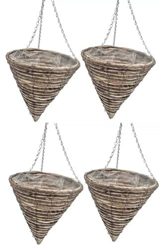 Quickdraw 4 x Cone Rope Hanging Baskets 12” – Outdoor Planters with Liner & Chains – Weather Resistant Flower Pots for Garden Plants & Flowers