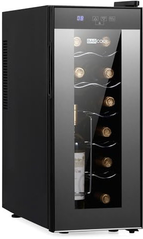 Barcool VINO12 – Table-Top Slim Wine Cooler Fridge Black | 4-15°C | 12 Bottle Wine Fridge | LED + Digital Display | UV-Tempered Glass Door Drinks Cellar | Single-Zone