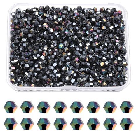 PATIKIL 1000pcs 3mm Bicone Glass Crystal Beads, Faceted Glass Spacer Beads with Box for Jewelry Making Bracelet Necklace Earrings DIY Suncatcher Craft, Black AB
