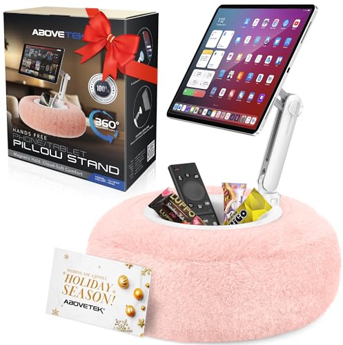 AboveTEK Kindle Pillow Stand, Magnetic iPad Stand for Bed with Snack Bowl, 360° Adjustable Soft Tablet Lap Pillow for Reading, Compatible with Kindle, Tablet, Phone, Ideal Cozy Gift for Family(Pink)