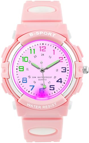 DTKID Kids Watches for Boys and Girls, Watches for Kids Ages 5-16 | 7 Colour Lights,30M Waterproof,Outdoor Sports Boys Watch, Analogue Quartz Childrens Watch with Soft Strap