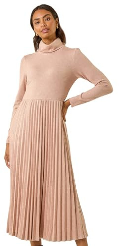Roman Originals High Neck Pleated Midi Dress for Women UK - Ladies Everyday Autumn Winter Comfy Soft Evening Vacation Work Party Night Out - Light Pink - Size 10