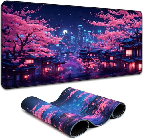 Simpkeely Fantasy Night City Gaming Mouse Pad, Blacklight Japanese Residential Buildings Landscape Neon Large Waterproof UV Reactive Non-Slip Rubber Base Mousemat for Office Home - 80 x 30 cm