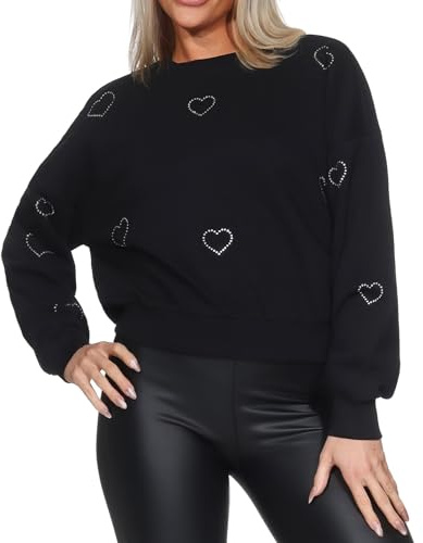 ONLY Damen Sweatshirt Pullover Sweater mit Glitzer-Herzen ONLBerit