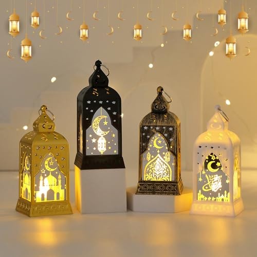 4 Stücke Ramadan Deko Laterne, Ramadan Dekoration Laterne, Eid Mubarak Dekoration Lampe mit Mond Stern Tischlampe Hängend Mubarak Licht für Tischdeko Islam Deko Wohnzimmer