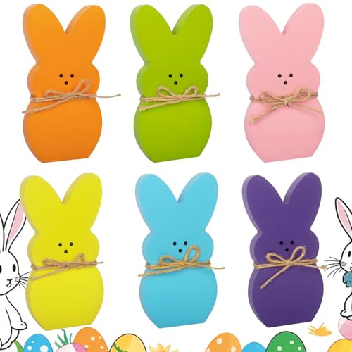 Easter Decorations, 6PCS Wooden Easter Bunny Signs Table Decorations Cute Bunny Decor for Tiered Tray Fireplace Window Table Decor Easter Party Favors