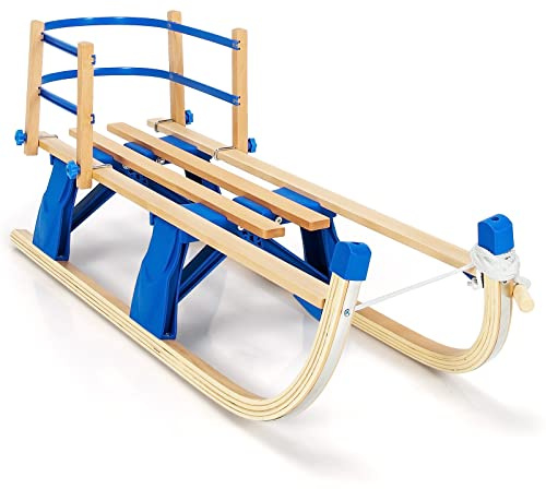 GOPLUS Schlitten klappbar, 116 cm Schneeschlitten mit Rückenlehne, Zugseil & Griff, Davoser Rodelschlitten aus Holz mit Metallgleitschiene, Kinderschlitten Klappschlitten Holzschlitten für Schneespaß