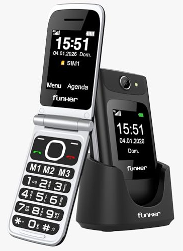 Funker C250 Comfort Power 4G - Telefono cellulare con coperchio per anziani, base di ricarica, tastiera ad alto contrasto, pulsante SOS, facile da usare, 3 memorie dirette, batteria da 1450 mAh, nero