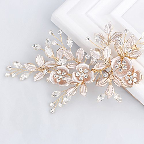 SWEETV Light Rose Gold Hochzeit Haarspange Strass Braut Kamm Haarspange - Handmade Flower Clip Kopfschmuck für Frauen