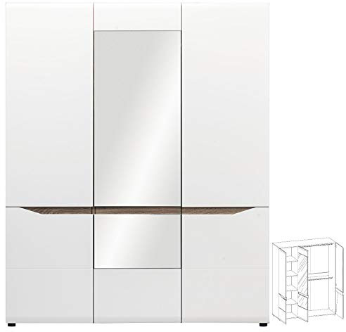 Kleiderschrank Schrank Drehtürenschrank Schlafzimmerschrank Lionel Hochglanz, mit Speiegel, 3 Türiger, 2 Kleiderstangen, mit Spiegel (Ohne Beleuchtung)