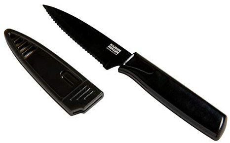 Kuhn Rikon COLORI Non-Stick Serrated Paring Knife with Safety Sheath, 4 inch/10.16 cm Blade, Black