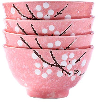 Juego de 4 cuencos de arroz japoneses – Juego de 4 cuencos de cerámica pintados a mano de color rosa ciruela para postre, aperitivos, sopa de cereales