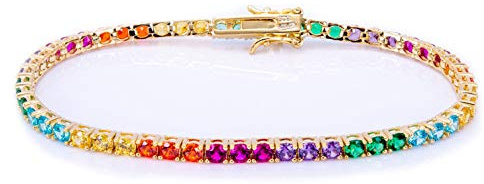 Tennis Bracciale Uomo Donna Argento 925% Zirconi Multicolor Rainbow Classico Cipollina Carré 19.5 cm Rutenio Oro Oro Rosa