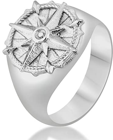 Akitsune Guidance Ring | Boussole Carte Nord Nautique Bague Hommes Acier Inoxydable Designer Argent Antique - US 8