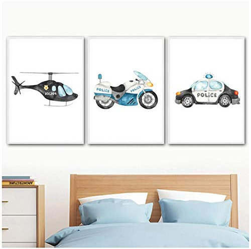 FUXUERUI HD Print Poster Polizei Auto Flugzeug Wandkunst Leinwand Malerei Nordic Poster und Drucke Wandbilder für Baby Kids Room Decor/30x40cmx3 ohne Rahmen