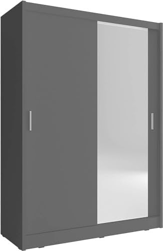 Kleiderschrank mit Spiegel Schwebetürenschrank 2-türig mit Einlegeböden und Kleiderstange Schlafzimmer- Wohnzimmerschrank Schrank Gaderobe Schiebtüren 130x200x62 Borneo A1 Graphit 130 cm