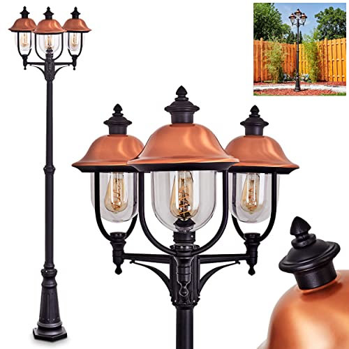 Außenwegeleuchte Gascon, moderne Außenlampe aus Metall/Kunststoff in Schwarz/Kupferfarben/Klar, 3-flammige Landhaus Gartenlampe 230cm, Wegeleuchte für Garten/Terrasse/Hof, E27, IP44, ohne Leuchtmittel