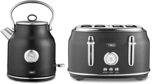 RKW Tower Renaissance Black 3KW 1,7L Kettle & 4 Slice 1630W Toaster. Modern Black Kettle & Toaster Set