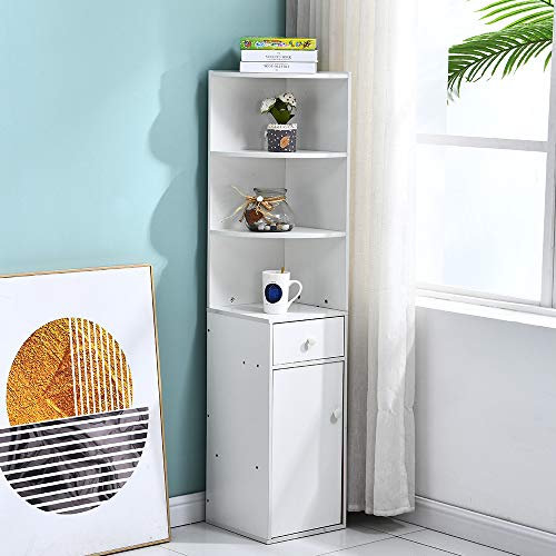 White Corner Cabinet 3-Tier Shelves & 1 Drawer & 1 Door, Bathroom Corner Storage Cabinets, Cupboard Sideboard for Living Room, Tall & Slim Floor Cabinet