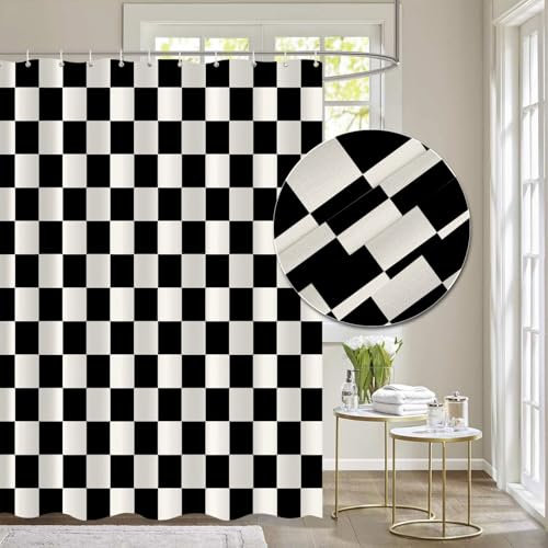 Tititex Duschvorhang mit Schachbrettmuster aus Leinenimitat, modernes Duschvorhang-Set, Dekoration, 180 x 180 cm, mit 12 Haken, Weiß/Beige/Schwarz