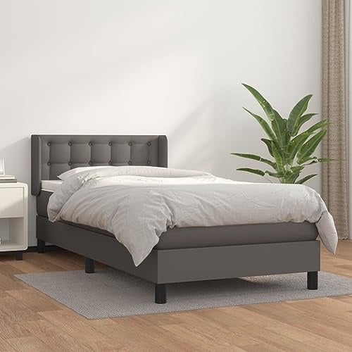 vidaXL Boxspringbett mit Matratze Kunstlederbett Polsterbett Einzelbett Bettgestell Bett Hotelbett Bettrahmen Lattenrost Schlafzimmerbett Grau 90x190cm