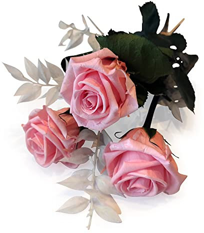 Handgebundener Rosenstrauß mit 3 Rosen und Ruscus - Echte ewige Rosen 3 Jahre haltbar – Rosen mit Stielen Höhe 26 cm - Made in Germany (Rosa)