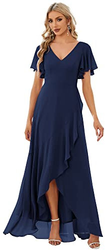 Ever-Pretty Vestidos de Cóctel Escote en V Manga Volantes sin Respaldo Alto Bajo A-línea Largo sin Elasticidad para Mujer Elegantes Azul Marino 58