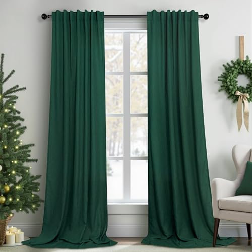 Lot de 2 Rideaux Vert Foncé 274,3 cm pour Salon - Semi-Transparents en Lin avec Poche à Pattes Arrière - Forêt de Chasseur Profond pour Porte de Terrasse, Décoration