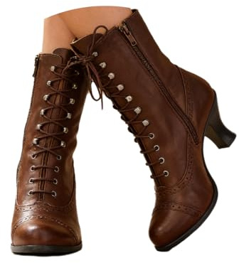 tinbarry Stivaletti Tacco Basso Donna Stivali Vittoriani Vintage Stivali Punk Gotici con Gambo Corto Stivali in Pelle a Punta PU Ankle Boots con Zip con Lacci Stivali per Costumi da Festa