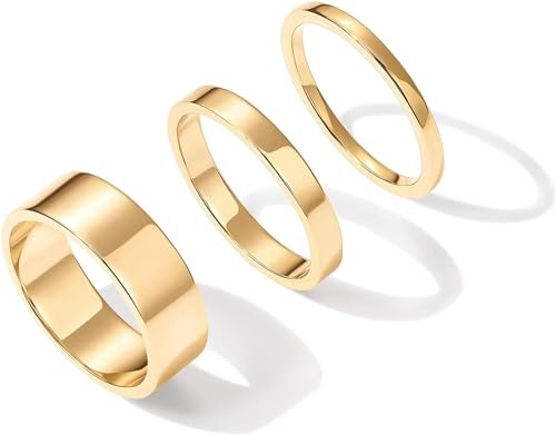 aesdox 18K Vergoldetes 3 Stücke Ring Set, Gold Stapelringe für Frauen, Anlauffreies Goldschmuckset, Ringgröße 18, Gold