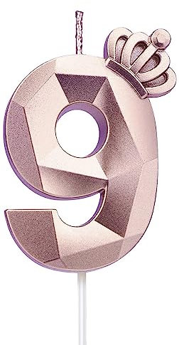 Zahl 9 Kerze, 7.6 cm große Happy Birthday-Kerze mit exquisiter 3D-Krone, Tortenaufsatz, Dekorationen für Hochzeit, Jahrestag, Geburtstag, Wiedervereinigung, Party-Dekoration, Feier (Rosé-9)