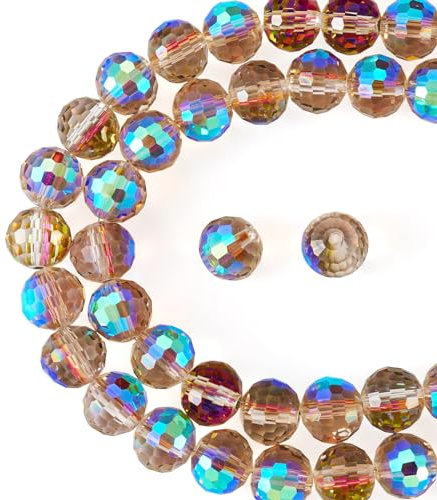 Beadthoven - 2 hebras de cuentas de cristal transparente de 10 mm, cuentas redondas facetadas de cristal AB chapado en camelia para hacer collares, manualidades, joyas