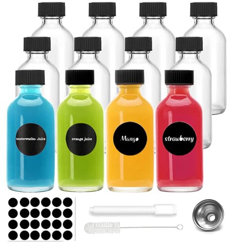 12 Pezzi 60ml Bottigliette di Vetro Piccole, Set di Mini Bottiglie per Liquore con Tappi a Vite e Imbuto, Riutilizzabile Bottigliette Vetro Mini con Imbuto per Olio, Sciroppo, Birra, Succo e Vino