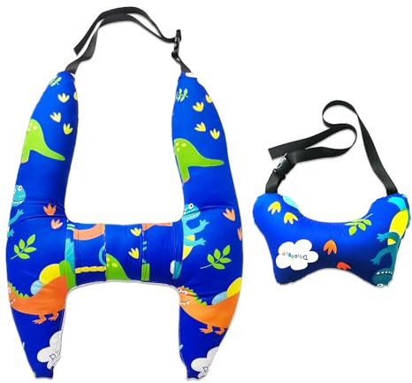 Ivtivfu H-Form Kopfstütze Auto Kinder (blau Dinosaurier) – Reisekissen für Kinder, geeignet als Schlafkissen und Nackenkissen im Auto. Autokissen für stabile Unterstützung auf Langen Fahrten.