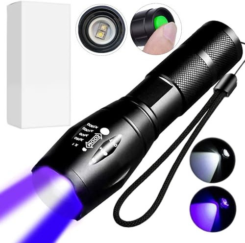 ZASHMART UV Torch, Rechargeable Torch, 2 Modes LED Torch, 395 NM Blacklight Torch, Super Bright 500lm Led Torch for Pets Urine Detector, Cat Dog Bed Dry Urine Detector, Dual Modes Zoom Torch