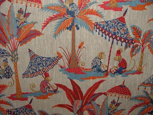 Monkey Parasol Rouge Red French 100% Linen Fabric Curtain Roman Blind Cushion Upholstery (Per Full Metre)