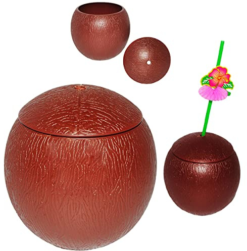 alles-meine.de GmbH 1 Stück - Trinkbecher - Becher - Kokosnuss mit Deckel - 700 ml - Partybecher aus Kunststoff - Kokos - Deko - Cocktail - Traumstrand & Urlaub - Reisebecher - B..